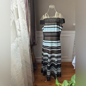 Tadashi Shoji Womens Blue Black Stripe Tulle Lace Midi Dress -Size12